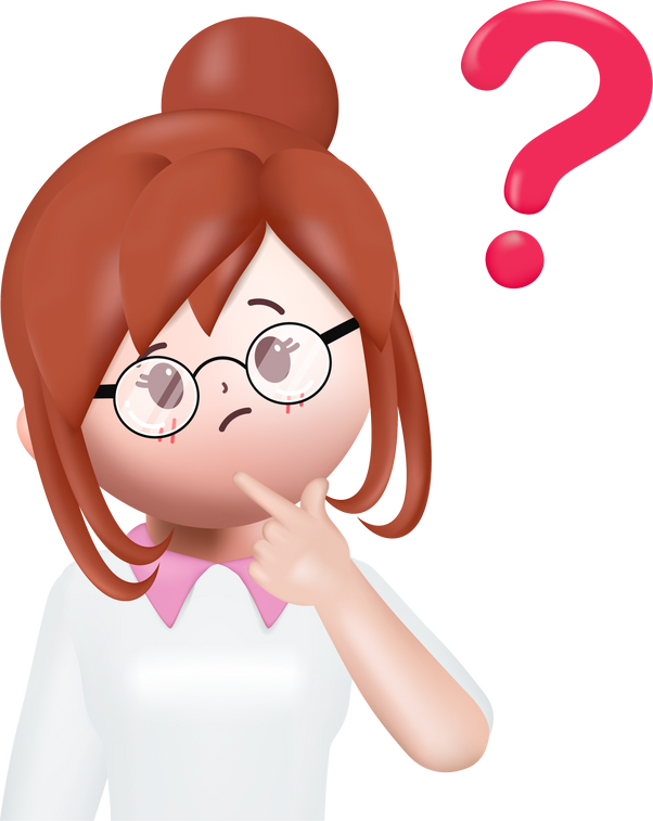 3d cartoon young business woman pose thinking doubts with question mark vector rendering.